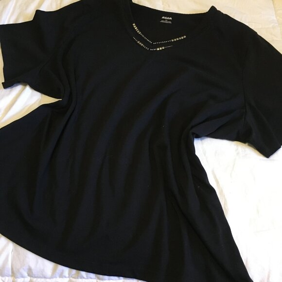 Vintage Black Silver Studded Rhinestone Collar Cotton Blend Tee - Picture 8 of 12